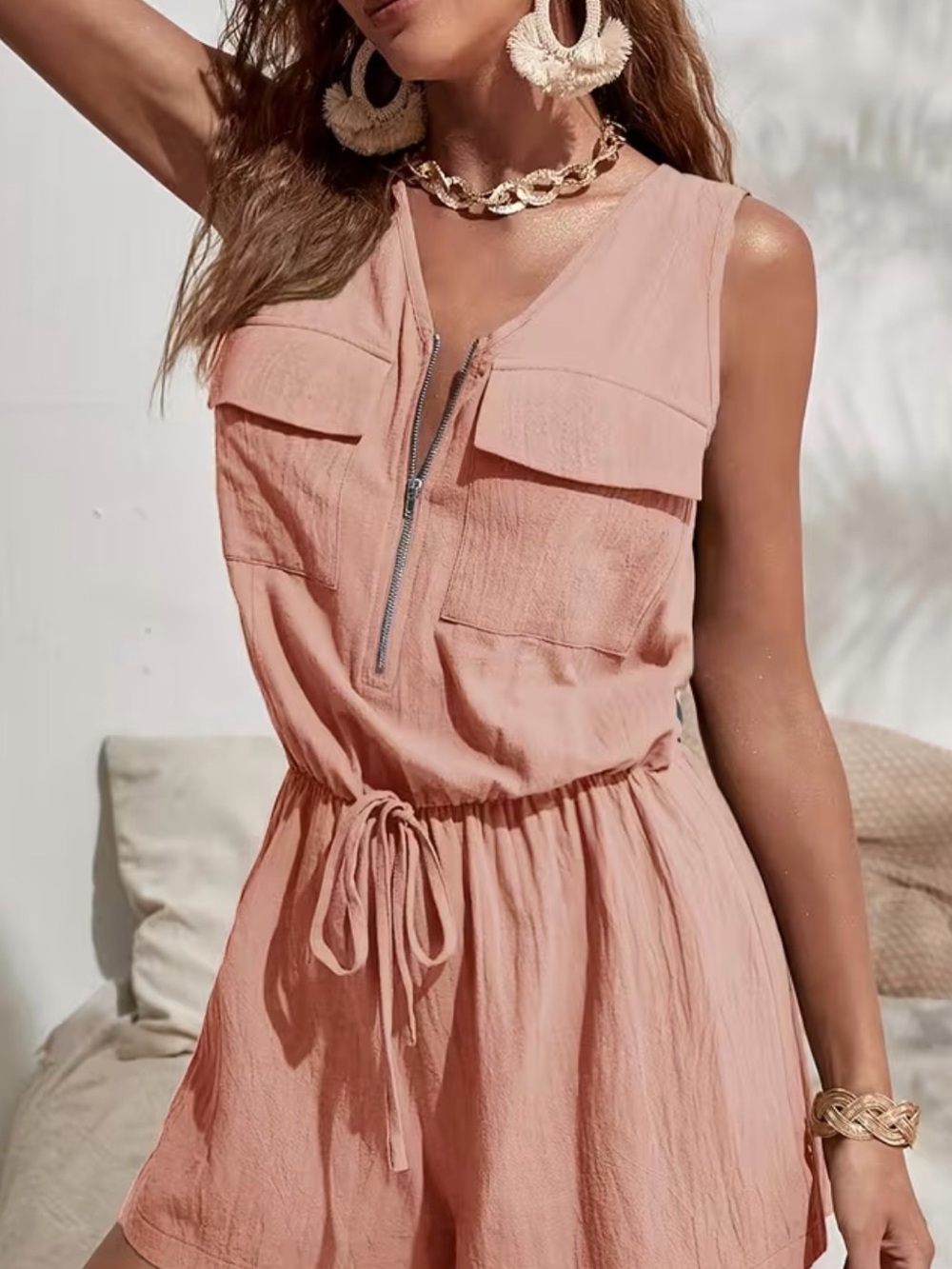 Light Peach Sleeveless Romper with Front Zip